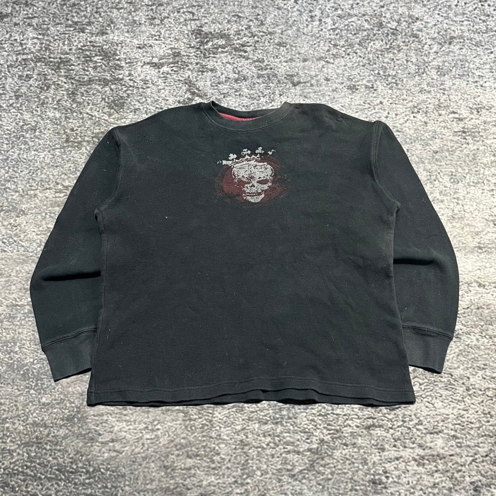 Vintage Y2K Five Star Long Sleeve Thermal Shirt Skull Mens Large Black Grunge